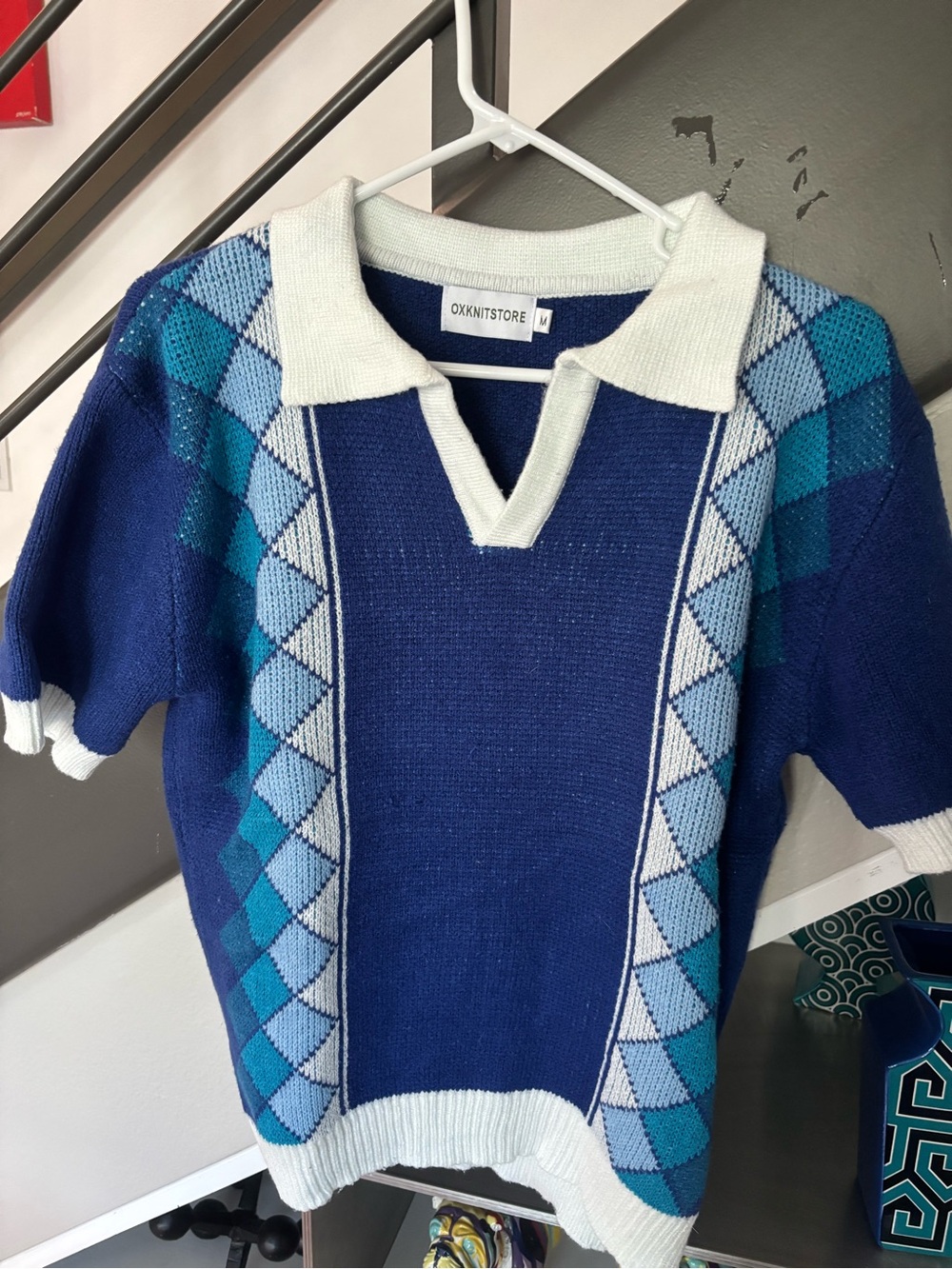 OXKNITSTORE Blue Argyle Short-Sleeve Polo Sweater